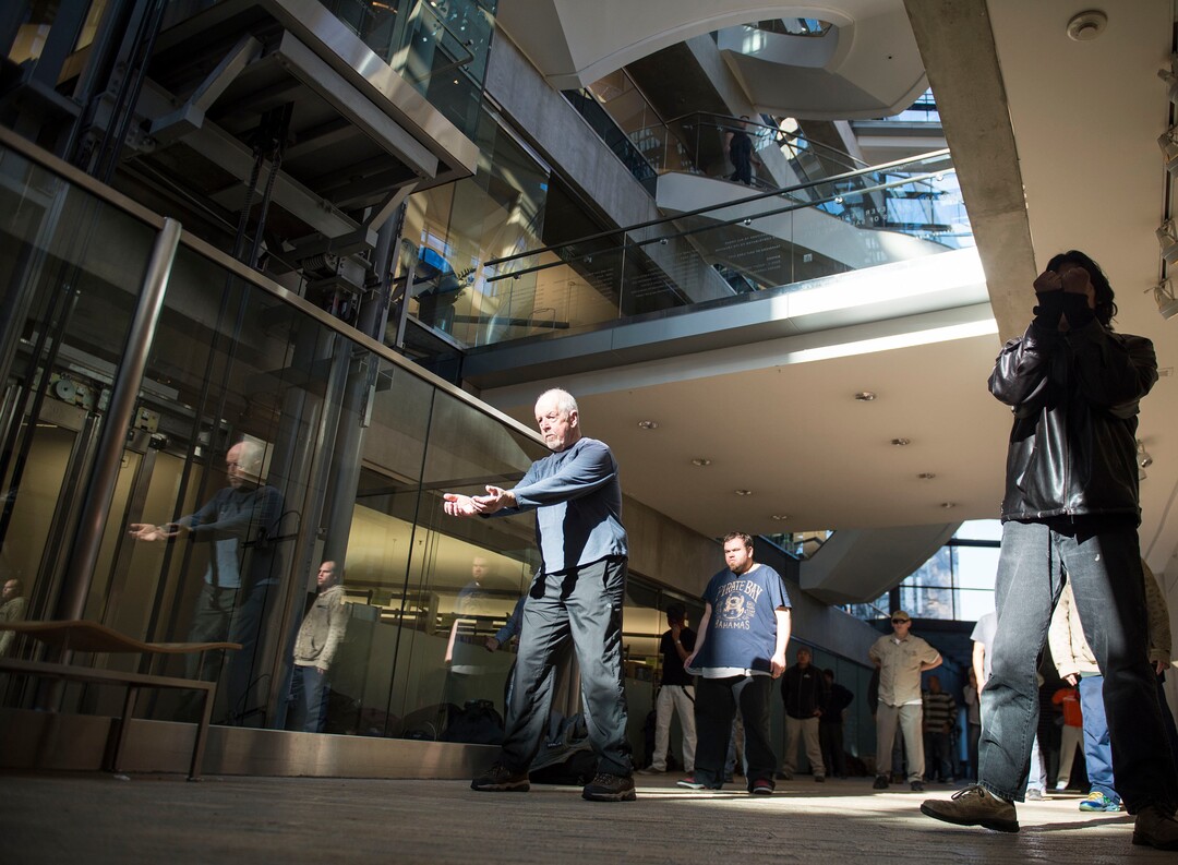 Lennie Mahler  |  The Salt Lake TribuneBernie Hart leads a group of homeless people in tai chi at the Salt Lake City Public Library, Thursday, March 2, 2017.
