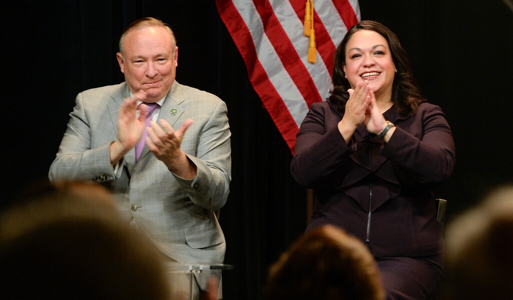 (Leah Hogsten | Tribune file photo) Former state Sen. Jim Dabakis and Sen. Luz Escamilla prior to the 2019 Salt Lake City mayoral debate, July 15, 2019 in the KSL-TV Broadcast House studios about a month before the Aug. 13 mayoral primary.