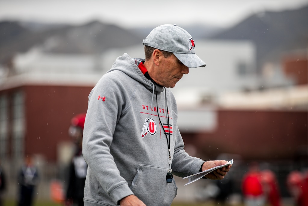 (Utah Athletics) Offensive coordinator Andy Ludwig observes Utah football practice Tuesday, March 12, 2024.