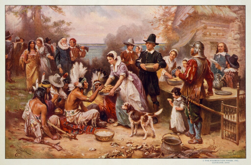 (J.L.G. Ferris/Library of Congress via AP) This image made available by the Library of Congress shows a reproduction of a painting by Jean Leon Gerome Ferris titled "First Thanksgiving" made between 1900-1920.