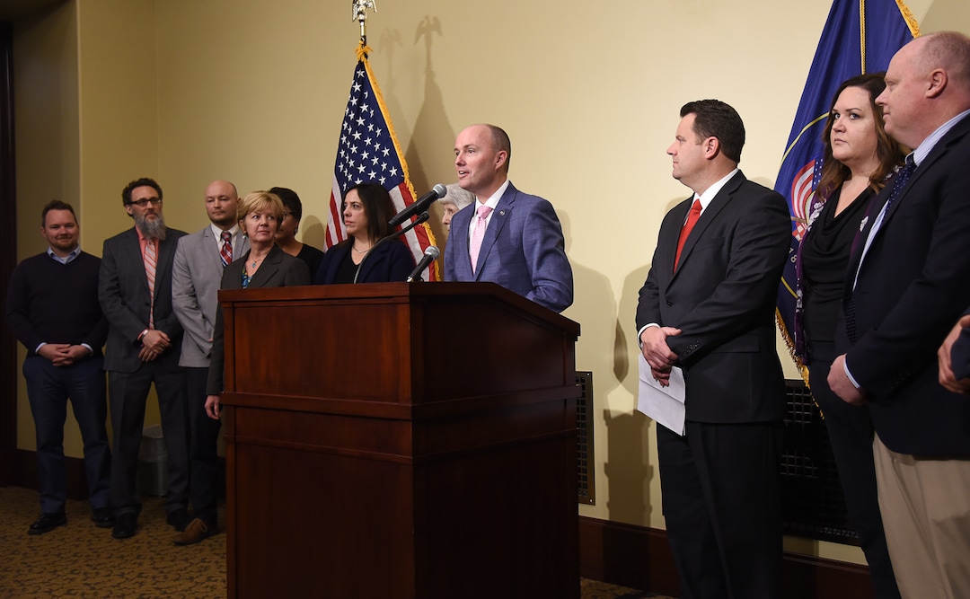 (Francisco Kjolseth  |  The Salt Lake Tribune)  Lt. Gov. Spencer Cox joins the Homeless Resource Center Transition Team as they present the planned timeline for the transition from the downtown shelter to the three new homeless resource centers during a press event at the Utah Capitol on Wed. Jan. 23, 2019. The downtown shelter will close this fall, and a team consisting of the state of Utah, Salt Lake City, Salt Lake County, community advocates, resource center operators and more are working in unison to finalize plans, work through potential issues and ensure a smooth transition for clients and service providers.
