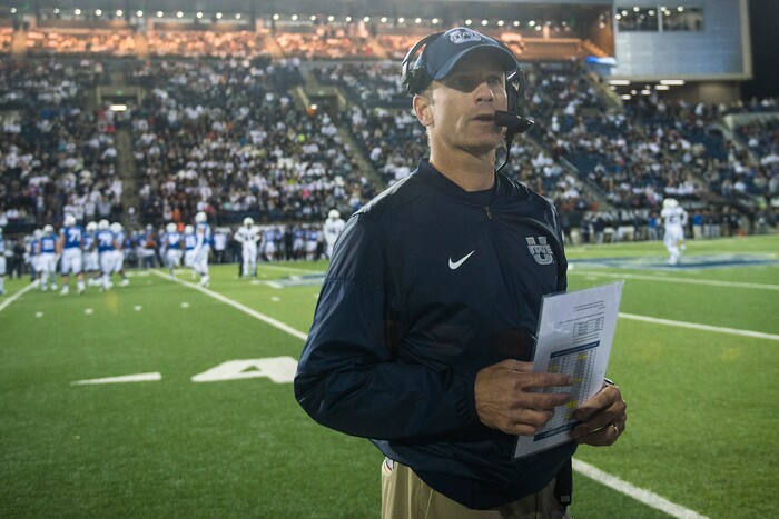 (Chris Detrick  |  The Salt Lake Tribune)  Utah State Aggies head coach Matt Wells during the game at Merlin Olsen Field at Maverik Stadium Friday, September 29, 2017. Utah State Aggies defeated Brigham Young Cougars 40-24.
