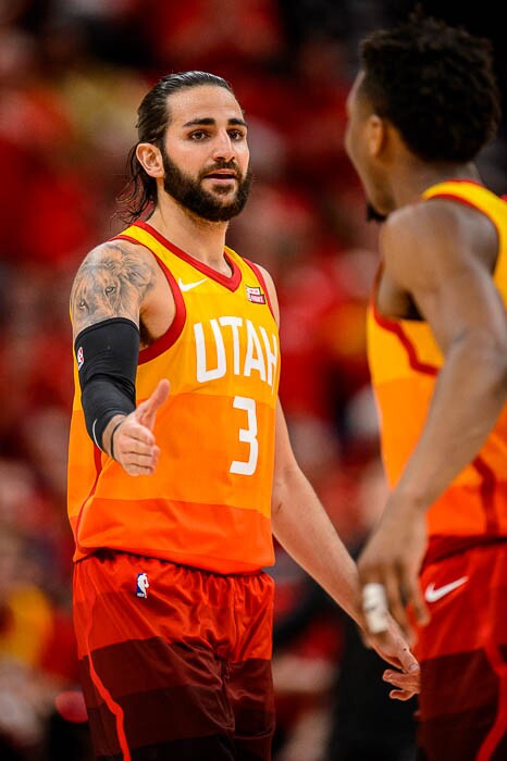 (Trent Nelson | The Salt Lake Tribune)  Utah Jazz host the Oklahoma City Thunder, Game 3, NBA playoff basketball in Salt Lake City, Saturday April 21, 2018.Utah Jazz guard Ricky Rubio (3) and Utah Jazz guard Donovan Mitchell (45).