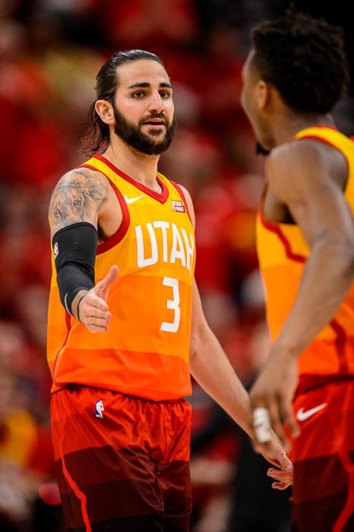 (Trent Nelson | The Salt Lake Tribune)  
Utah Jazz host the Oklahoma City Thunder, Game 3, NBA playoff basketball in Salt Lake City, Saturday April 21, 2018.Utah Jazz guard Ricky Rubio (3) and Utah Jazz guard Donovan Mitchell (45).