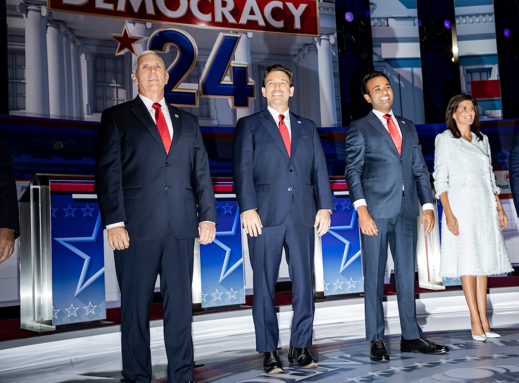 FILE — From left: Former Vice President Mike Pence, Florida Gov. Ron DeSantis, Vivek Ramaswamy and former South Carolina Gov. Nikki Haley during a Republican presidential debate in Milwaukee, Wis., Aug. 23, 2023. (Damon Winter/The New York Times)