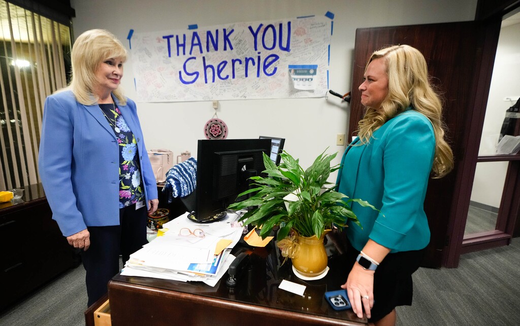 (Francisco Kjolseth | The Salt Lake Tribune) Salt Lake County clerk Sherrie Swensen, left, who has overseen 67 elections, talks with her Chief Deputy Lannie Chapman during the night of her final election at the Salt Lake County Government Center on Tuesday, Nov. 8, 2022.
