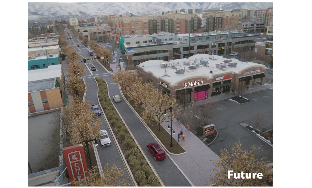 (Screenshot via 2100 South Project) A mockup of what the redesigned 2100 South will look like, looking southeast between 1000 East and McClelland Street.