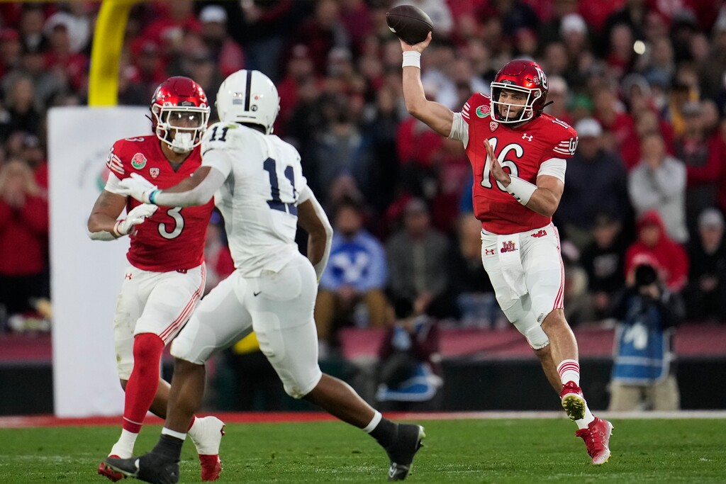 (Marcio Jose Sanchez | AP) Utah quarterback Bryson Barnes (16) throws a pass during the second half in the Rose Bowl NCAA college football game against Penn State Monday, Jan. 2, 2023, in Pasadena, Calif.