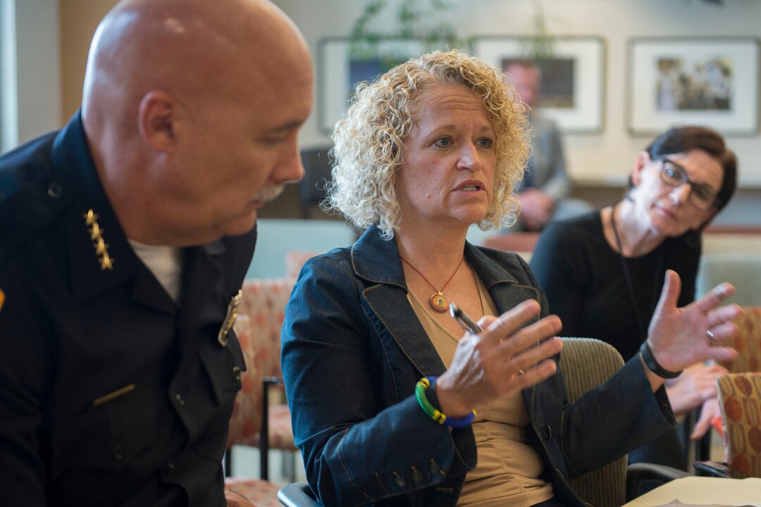 (Jeremy Harmon  |  The Salt Lake Tribune)  Salt Lake City Mayor Jackie Biskupski discusses "Operation Rio Grande" plans with The Salt Lake Tribune on Monday, August 14, 2017. Salt Lake City Police Chief Mike Brown listens.
