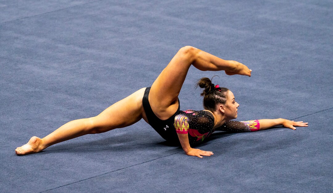 (Rick Egan | The Salt Lake Tribune) Jaylene Gilstrap performs on the floor, in PAC-12 gymnastics action Utah vs Arizona, at the Huntsman Center onSaturday, Jan. 23, 2021.