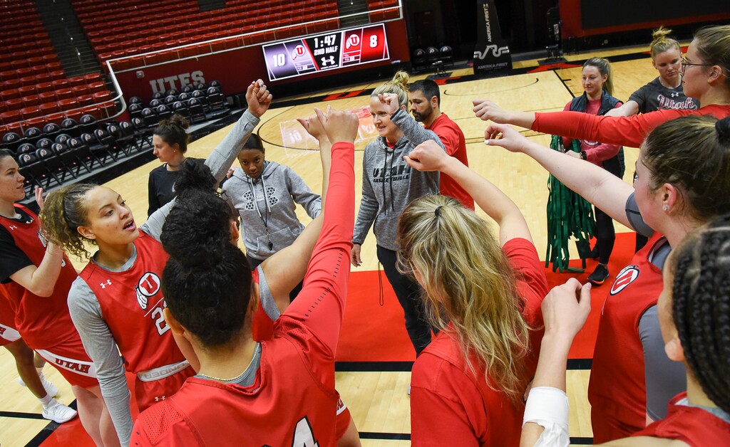 (Francisco Kjolseth | The Salt Lake Tribune) The Utah women's basketball team comes together following practice at the Jon Huntsman Center on Wed. Jan. 2, 2019, as they prepare for their next game on Friday. The team is having one of the best starts in program history at 12-0.