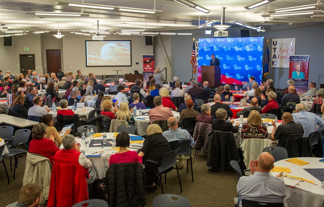 (Rick Egan  |  The Salt Lake Tribune)     Sen. Mike Lee speaks at the Utah Eagle Forum Convention, in Sandy, Saturday, Jan. 11, 2020.