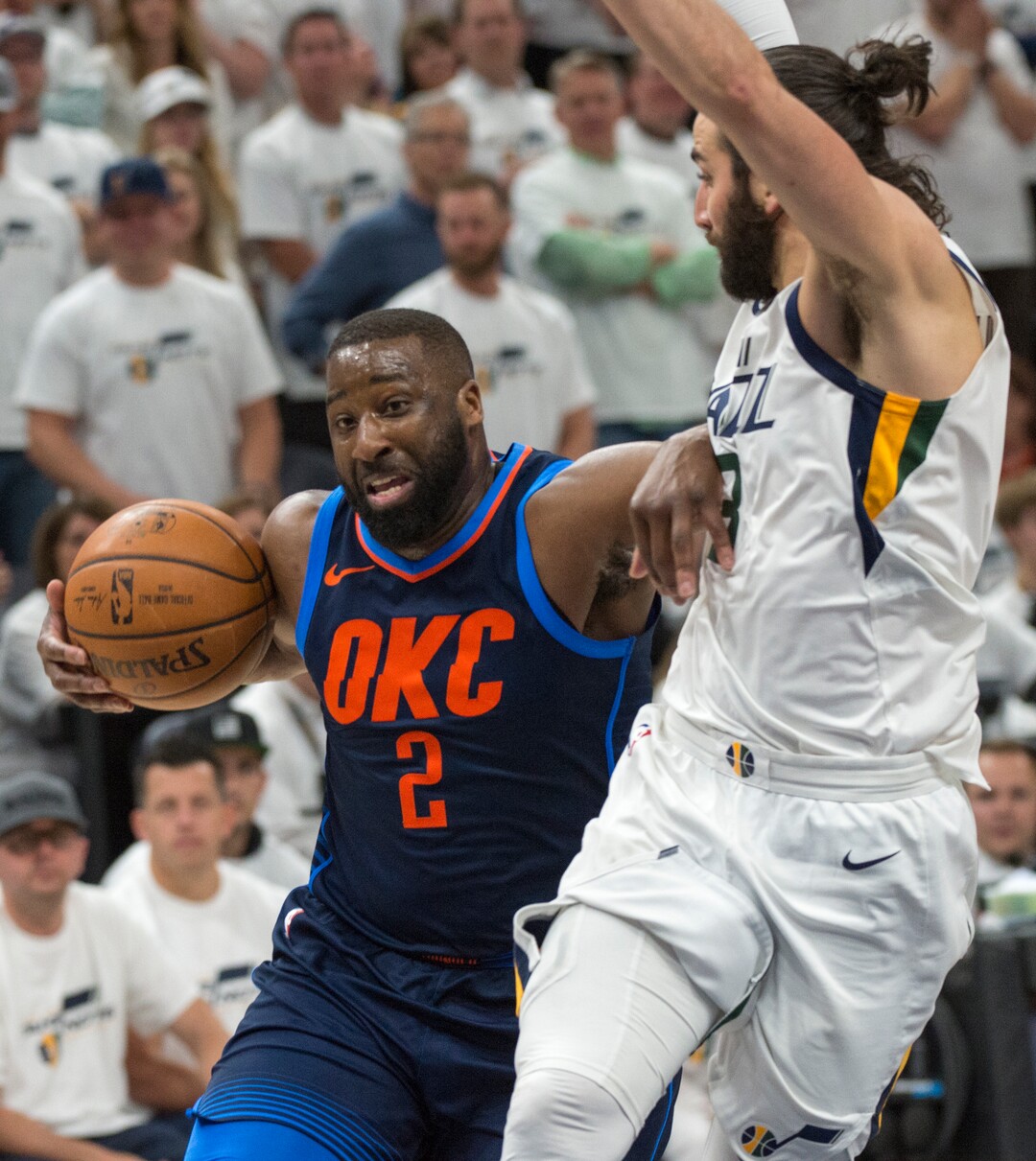 (Rick Egan  |  The Salt Lake Tribune) Utah Oklahoma City Thunder guard Raymond Felton (2) takes the ball to the basket, as Utah Jazz guard Ricky Rubio (3) defends, in game 4, NBA playoff action between Utah Jazz and Oklahoma City Thunder, in Salt Lake City, Monday April 23, 2018.
