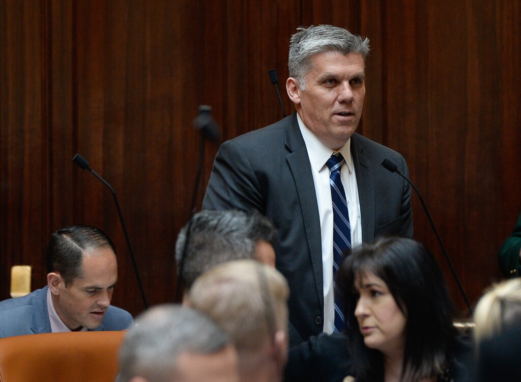 (Francisco Kjolseth  |  The Salt Lake Tribune)  Rep. Phil Lyman, R-Blanding, speaks on the House floor on Monday, Feb. 4, 2019.