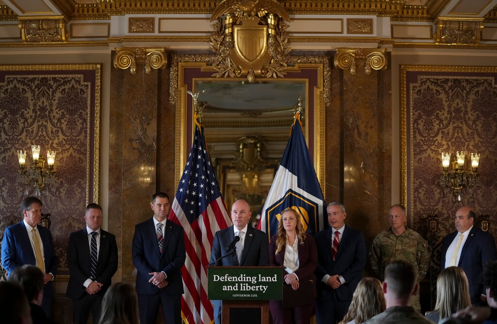 (Bethany Baker  |  The Salt Lake Tribune) Gov. Spencer Cox speaks during a press conference on efforts to protect Utah citizens, the agriculture community, and institutions from adversarial foreign influence at the Utah Capitol on Thursday, Feb. 12, 2026.