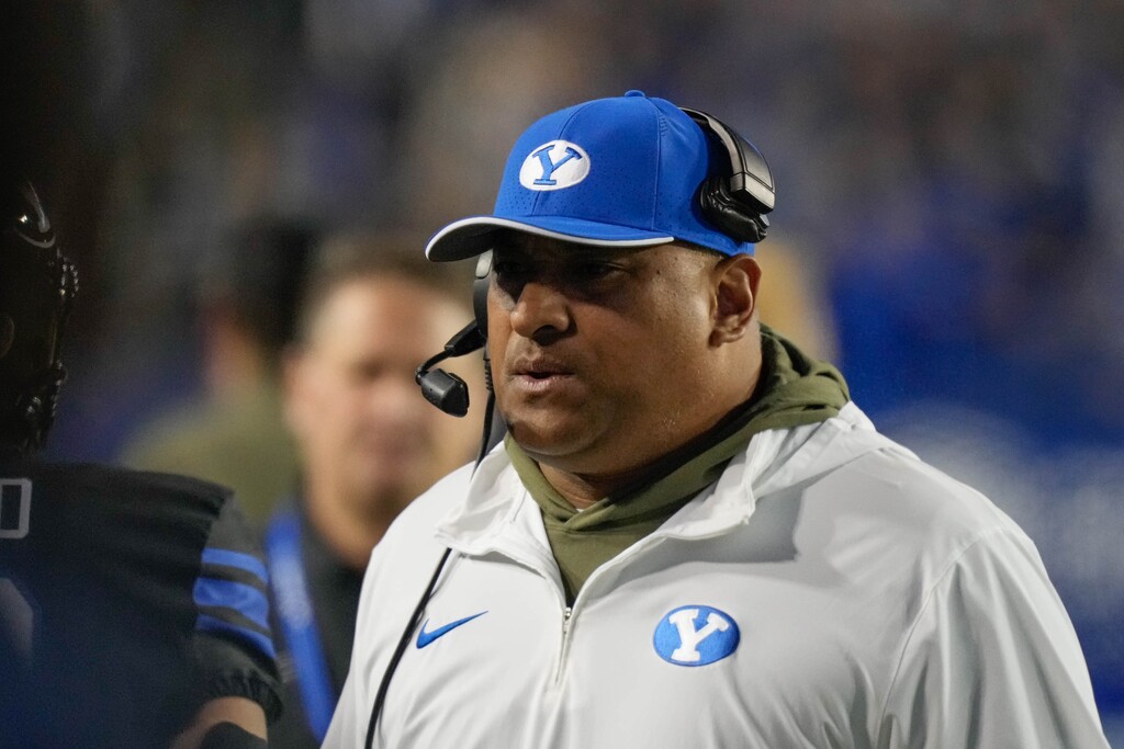 (Francisco Kjolseth  |  The Salt Lake Tribune) Brigham Young Cougar head coach Kalani Sitake on the sidelines during their game against Iowa State on Saturday, Nov. 11, 2023, in Provo, Utah.