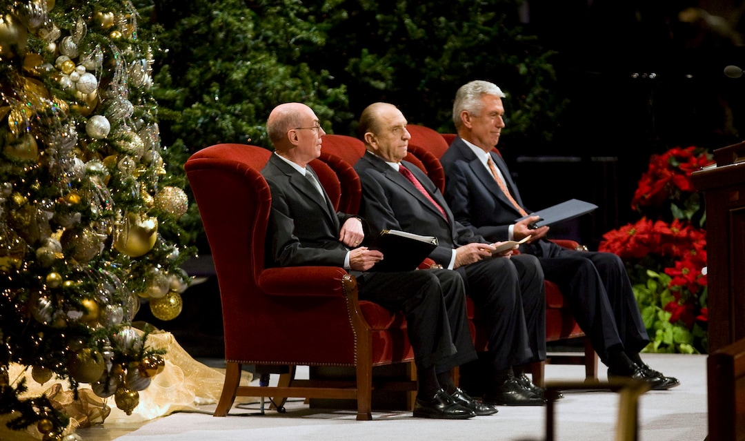 (Al Hartmann  |  The Salt Lake Tribune ) President Thomas S. Monson (center), with Henry B. Eyring (left) and Dieter F. Uchtdorf (right), at the Conference Center for the annual Christmas Devotional on Dec. 6, 2009.