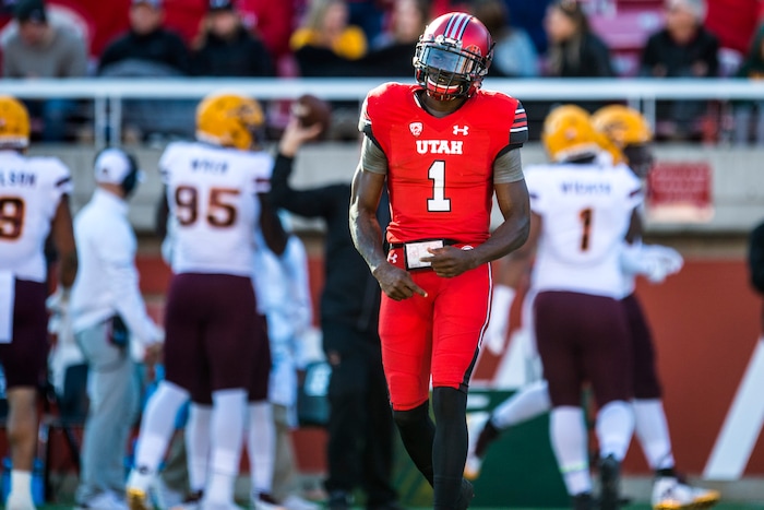 (Chris Detrick  |  The Salt Lake Tribune)  Utah Utes quarterback Tyler Huntley (1) walks off of the field after throwing an interception during the game at Rice-Eccles Stadium Saturday, October 21, 2017.  Arizona State Sun Devils defeated Utah Utes 30-10.