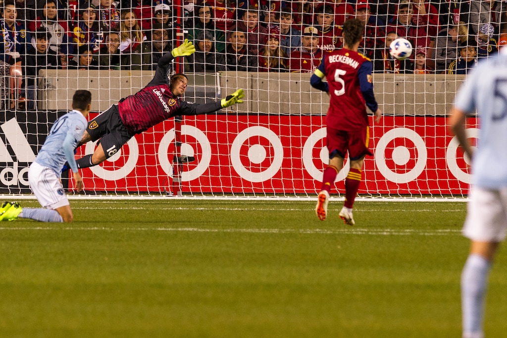 Alex Gallivan  |  Special to the Tribune 

Real Salt Lake goalkeeper Nick Rimando (18) makes a save in the Western Conference semifinals matchup against the Sporting Kansas City Sun Nov 04, 2018