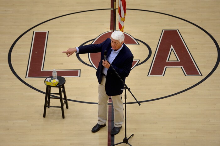 (Scott Sommerdorf   |  The Salt Lake Tribune)   
Congressman Rob Bishop during his town hall meeting held at center court on the Layton Christian Academy's basketball arena in Layton, Utah, Friday, August 25, 2017.