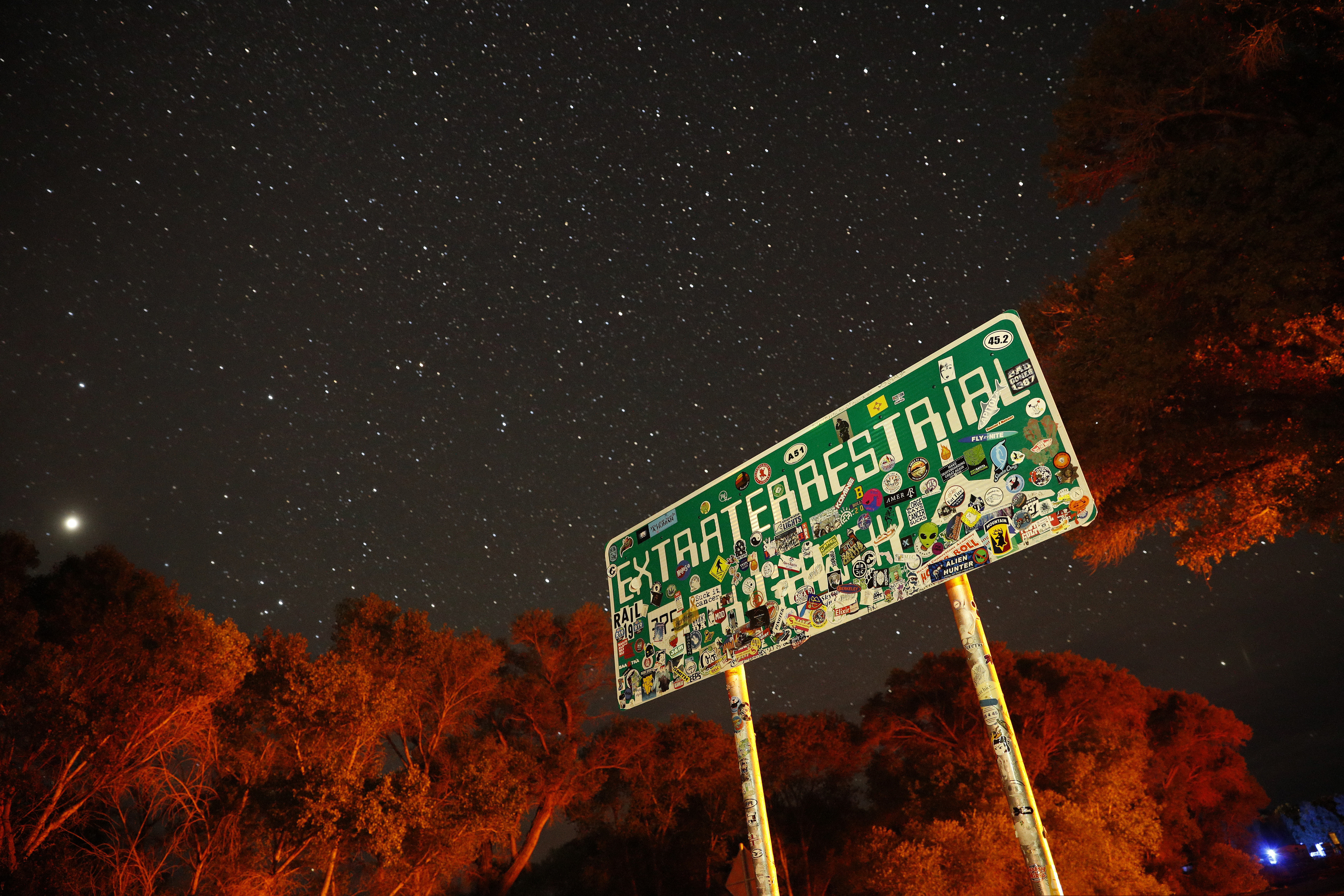 (John Locher | AP Photo) In this July 22, 2019 photo, a sign advertises state route 375 as the Extraterrestrial Highway, in Crystal Springs, Nev. The road boarders the Nevada Test and Training Range, the location of Area 51. The U.S. Air Force has warned people against participating in an internet joke suggesting a large crowd of people "storm Area 51," the top-secret Cold War test site in the Nevada desert.