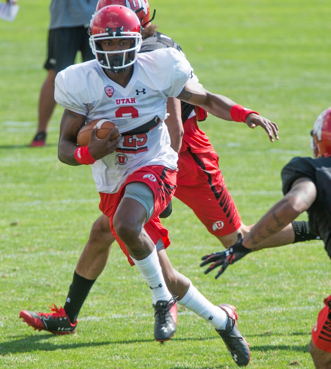 Rick Egan  |  The Salt Lake TribuneUniversity of Utah QB Troy Williams (3) runs the ball,  in football practice, Monday, July 31, 2017.