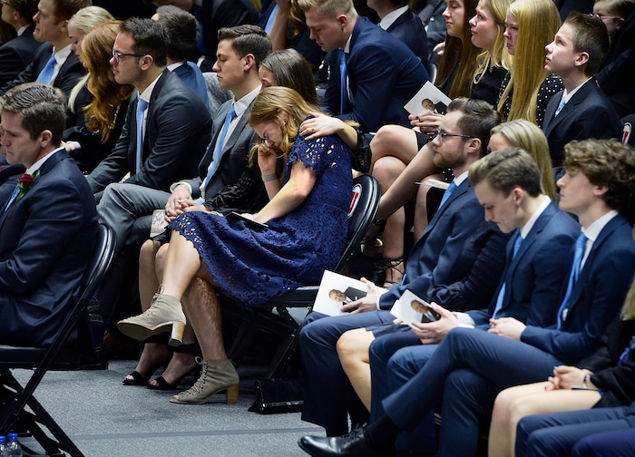 Scott Sommerdorf | The Salt Lake Tribune
Members of the Huntsman family react as they listen to family members speak during the funeral services for Jon M. Huntsman, Sr., Saturday, February, 10, 2018. 
