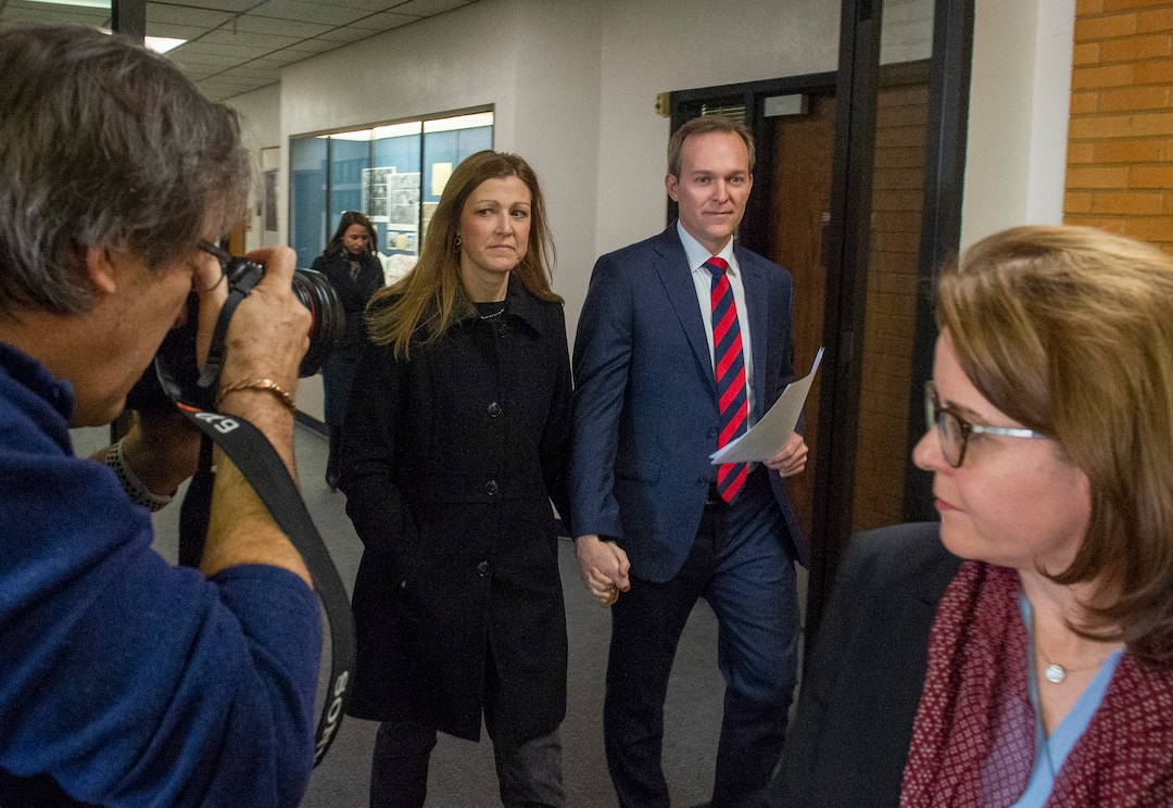 (Rick Egan  |  The Salt Lake Tribune)  Ben McAdams leaves with his wife Julie, after announcing that he will vote yes, on the House impeachment vote, during news conference at Murray City Hall, Monday, Dec. 16, 2019.