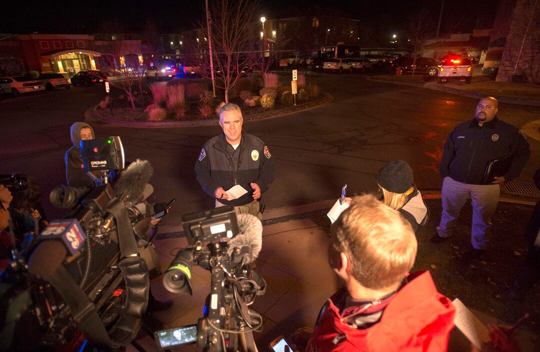 (Rick Egan  |  The Salt Lake Tribune)  Matt Elson, West Valley Police, talks to the media about the West Valley Police officer that was shot at the Village at Rivers Edge apartment complex in West Valley, City, Tuesday, November 7, 2017.
