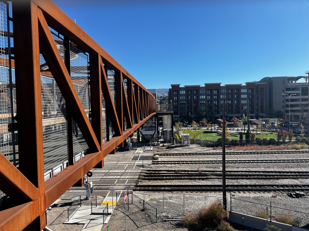 (Jordan Miller | The Salt Lake Tribune) Utah transportation officials unveiled a new pedestrian bridge on 300 North, which crosses five railroad tracks, on Wednesday, Oct. 18, 2023.