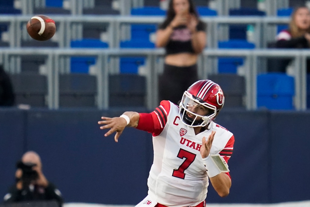 Utah quarterback Cameron Rising (7) throws a pass during the second half of an NCAA college football game against San Diego State Saturday, Sept. 18, 2021, in Carson, Calif. (AP Photo/Ashley Landis)