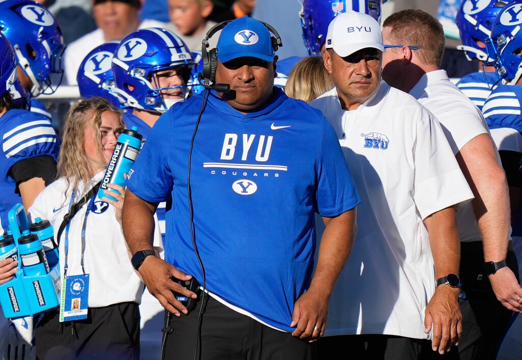 (Francisco Kjolseth | The Salt Lake Tribune) BYU head coach Kalani Sitake on the sidelines during their game against Utah at LaVell Edwards Stadium in Provo on Saturday, Sept. 5, 2026. 