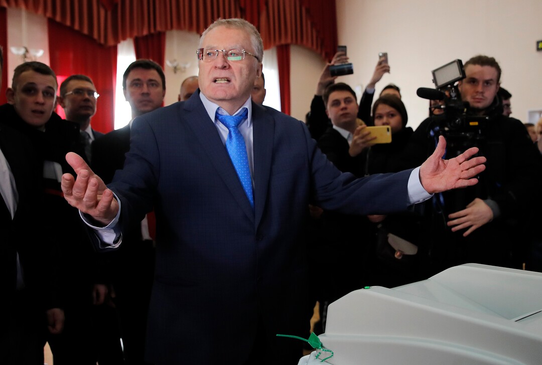 Vladimir Zhirinovsky, ultranationalist Liberal Democratic Party leader, gestures after voting in the presidential election in Moscow, Russia, Sunday, March 18, 2018. Russians are voting in a presidential election in which Vladimir Putin is seeking a fourth term in the Kremlin. (AP Photo/Pavel Golovkin)