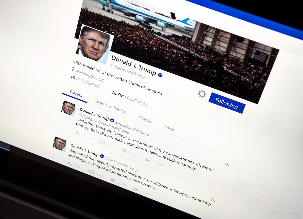 (J. David Ake | The Associated Press) In this June 22, 2017, photo, President Donald Trump's Twitter page with his tweets about not recording his conversations with former FBI Director James Comey is photographed in Washington. Trump's Twitter account — from which he aggressively confronts those who displease him, suggests North Korea "may not be around much longer!" and promotes Trump Tower taco bowls — disappeared briefly Thursday night.