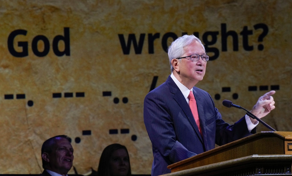 (Francisco Kjolseth | The Salt Lake Tribune) Elder Gerrit W. Gong of the Quorum of the Twelve Apostles of The Church of Jesus Christ of Latter-day Saints, speaks at BYU Education Week on Tuesday, Aug. 19, 2025.