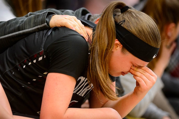 (Trent Nelson | The Salt Lake Tribune)  Northridge's Lydia Mashburn (22) on the bench in the final minute as Bingham faces Northridge in the 6A High School Girls' Basketball Tournament at SLCC in Taylorsville, Thursday Feb. 22, 2018.