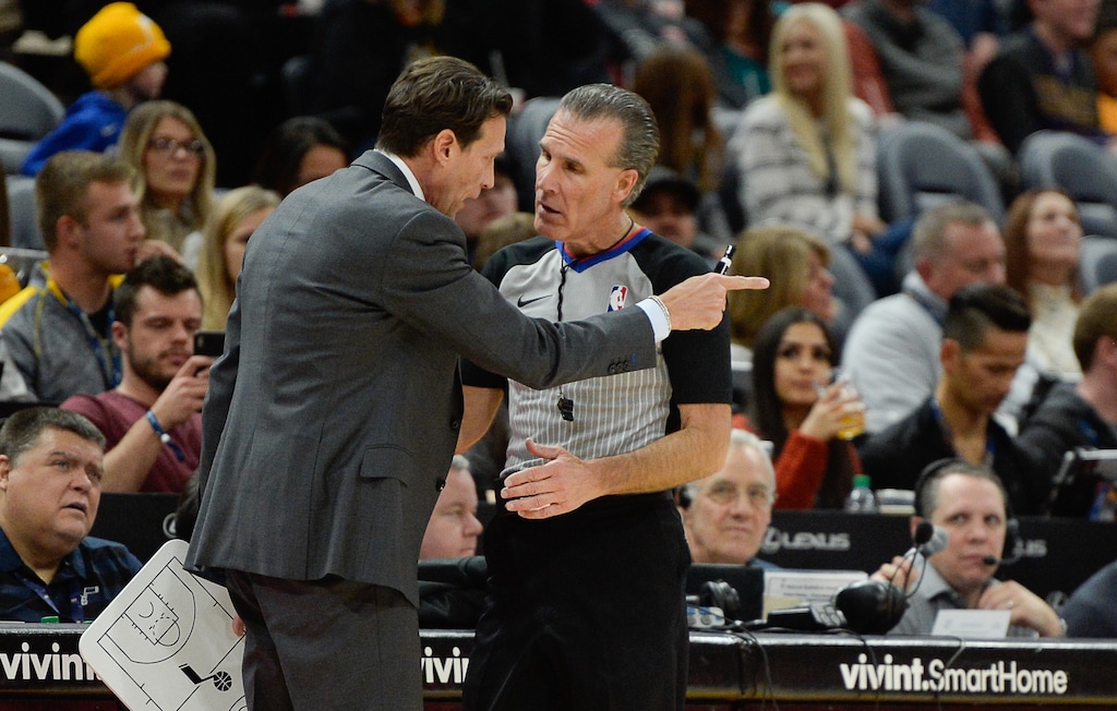 (Francisco Kjolseth  |  Tribune file photo) Utah Jazz head coach Quin Snyder argues a call with a referee during the NBA game against the Sacramento Kings at Vivint Smart Home Arena on Nov. 21, 2018, in Salt Lake City.