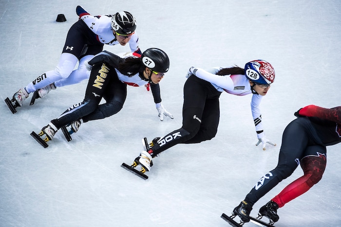 (Chris Detrick  |  The Salt Lake Tribune)  Marianne St Gelais of Canada Alang Kim of Korea Sumire Kikuchi of Japan and Lana Gehring of the United States during the Ladies' 1000m Short Track Speed Skating at Gangneung Ice Arena Pyeongchang 2018 Winter Olympics Tuesday, Feb. 20, 2018. 