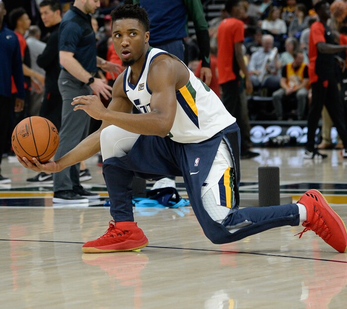 (Francisco Kjolseth  |  The Salt Lake Tribune)  Utah Jazz guard Donovan Mitchell (45) warms up with the team before their game against the Toronto Raptors in their preseason NBA game at Vivint Smart Home Arena Tuesday, Oct. 2, 2018, in Salt Lake City.