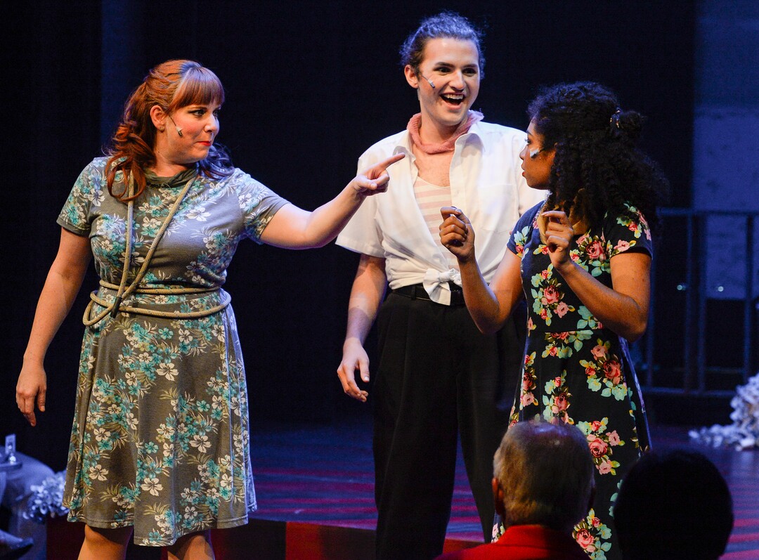 (Leah Hogsten  |  The Salt Lake Tribune) Jacob Weitlauf, center, performs as the nonbinary character  Jayden during the 2019 production of "Saturday's Voyeur" by Salt Lake Acting Company, July 14, 2019. At left is Julie Silvestro Waite as Sister Jane; at right is Daisy Allred, who plays Kaylee.