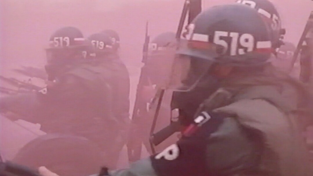 (Sundance Institute) Police learn military tactics in their training in a fictional town, in a moment from the documentary "Riotsville, USA," directed by Sierra Pettengill, an official selection of the Nexst section at the 2022 Sundance Film Festival.