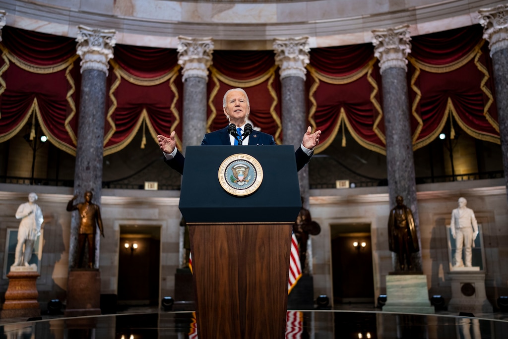 (Doug Mills | The New York Times)

President Joe Biden speaks in Statuary Hall at the Capitol in Washington on Thursday, Jan 6, 2022, marking one year since the deadly assault on the Capitol. President Biden denounced former President Donald Trump for promoting lies and tearing down American democracy because he could not stand the fact that he lost an election, accusing his predecessor of putting his own interests ahead of the country’s.