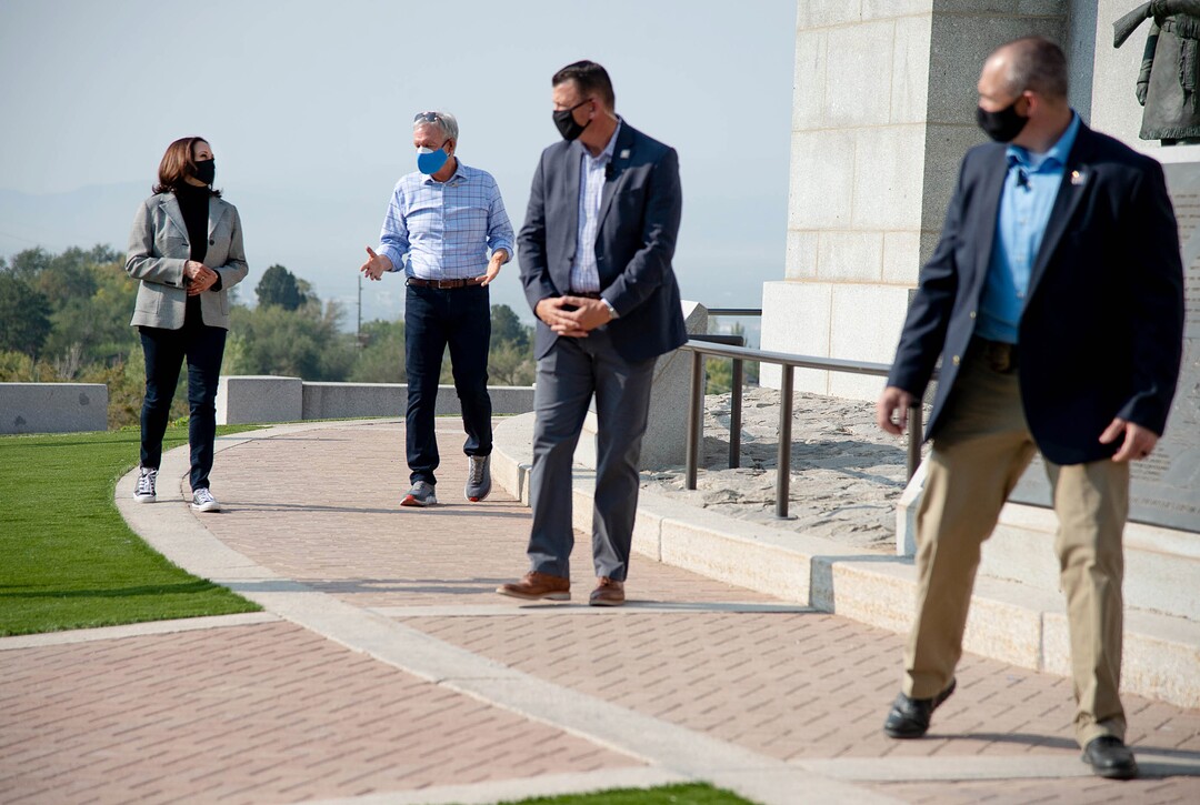(Francisco Kjolseth  |  The Salt Lake Tribune) Democratic vice presidential candidate Sen. Kamala Harris, D-Calif., makes a brief "cultural stop" to This Is The Place Heritage Park with former state senator Scott Howell as a guide on Saturday, Oct. 3, 2020, as she arrives early to Salt Lake City in anticipation of her upcoming vice presidential debate next week.