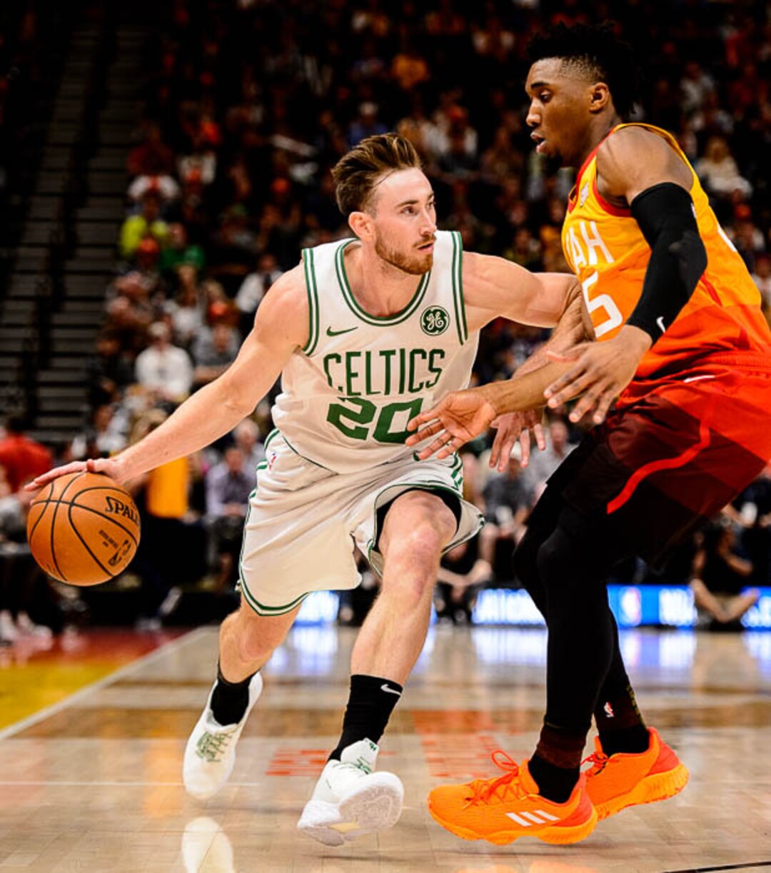(Trent Nelson | The Salt Lake Tribune)  Boston Celtics forward Gordon Hayward (20) defended by Utah Jazz guard Donovan Mitchell (45). Utah Jazz vs. Boston Celtics, NBA basketball in Salt Lake City on Friday Nov. 9, 2018.