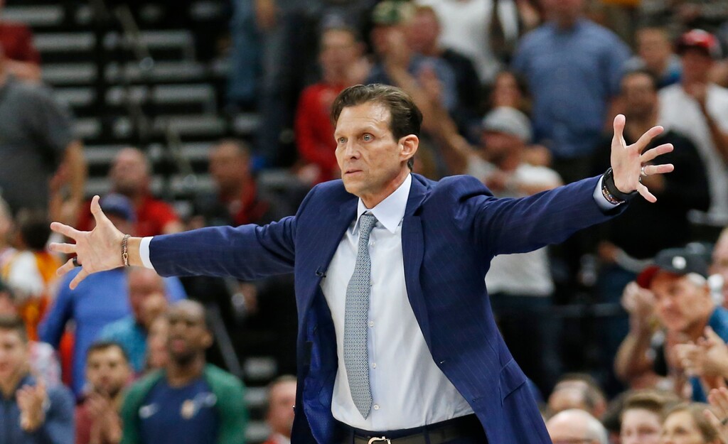Utah Jazz head coach Quin Snyder directs his team in the first half during an NBA basketball game against the Golden State Warriors Friday, Oct. 19, 2018, in Salt Lake City. (AP Photo/Rick Bowmer)