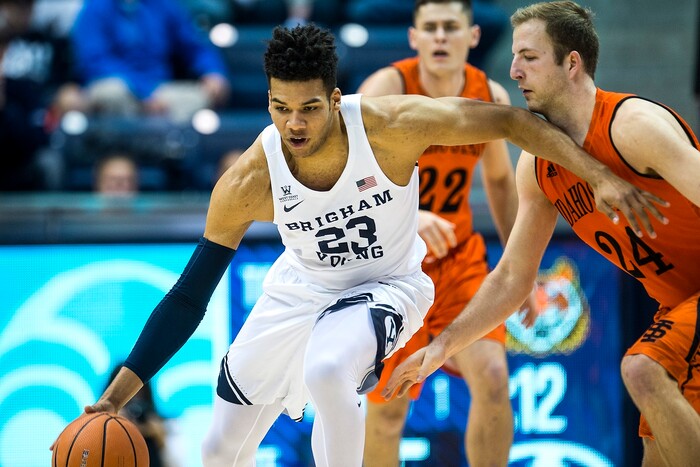 (Chris Detrick  |  The Salt Lake Tribune)  Brigham Young Cougars forward Yoeli Childs (23) and Idaho State Bengals forward Blake Truman (24) during the game at the Marriott Center Thursday, December 21, 2017.  
