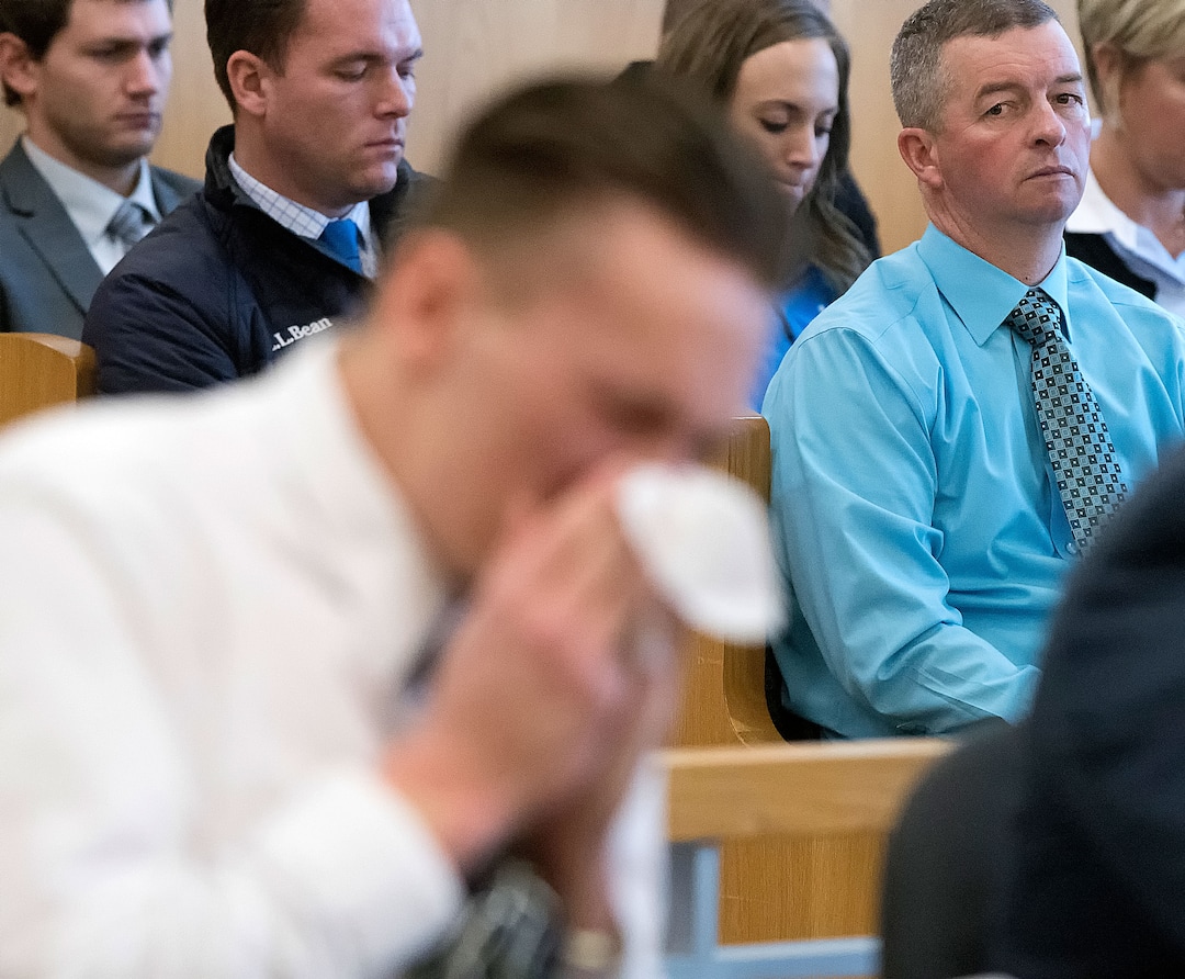 (Eli Lucero  |  Herald Journal, pool) Matt Turner, father of Deserae Turner, watches as Colter Peterson cries while listening to Deserae testify during his sentencing hearing for attempted aggravated murder and robbery, Thursday, Feb. 1, 2018, in Logan, Utah. Peterson received a sentence of 15 years to life for shooting Deserae Turner in February 2017, and leaving her for dead in a dry irrigation canal in Smithfield, Utah.