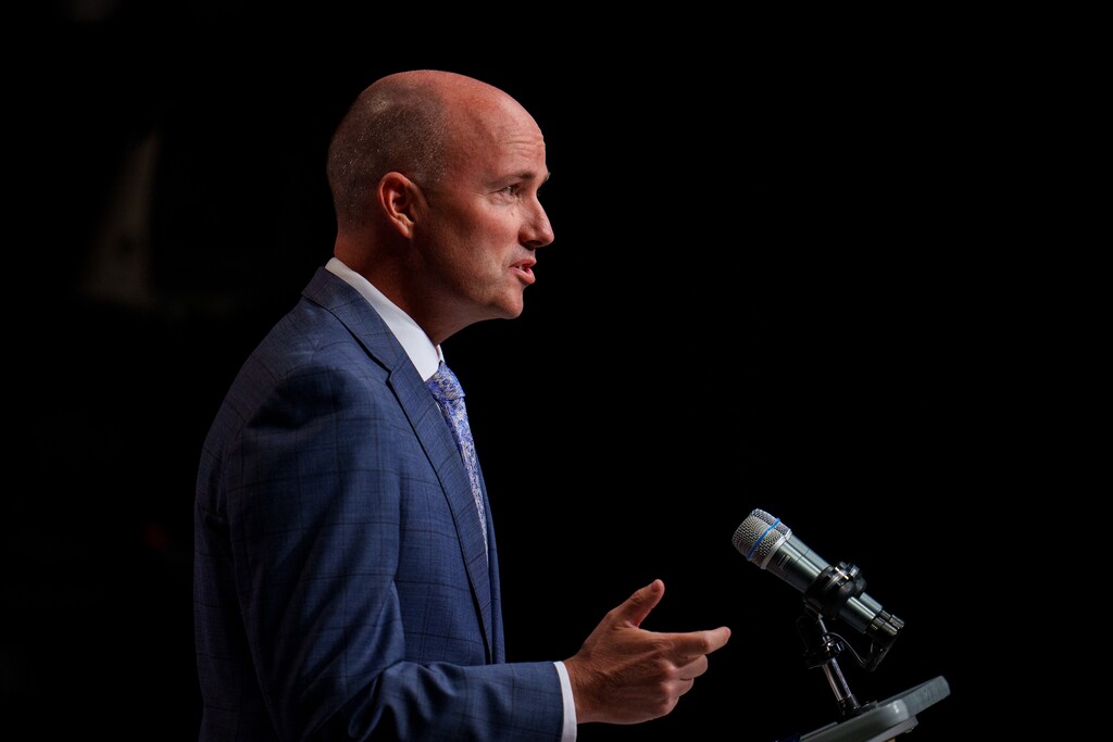 (Trent Nelson | The Salt Lake Tribune) Gov. Spencer Cox at his monthly news conference in Salt Lake City on Friday, July 19, 2024.