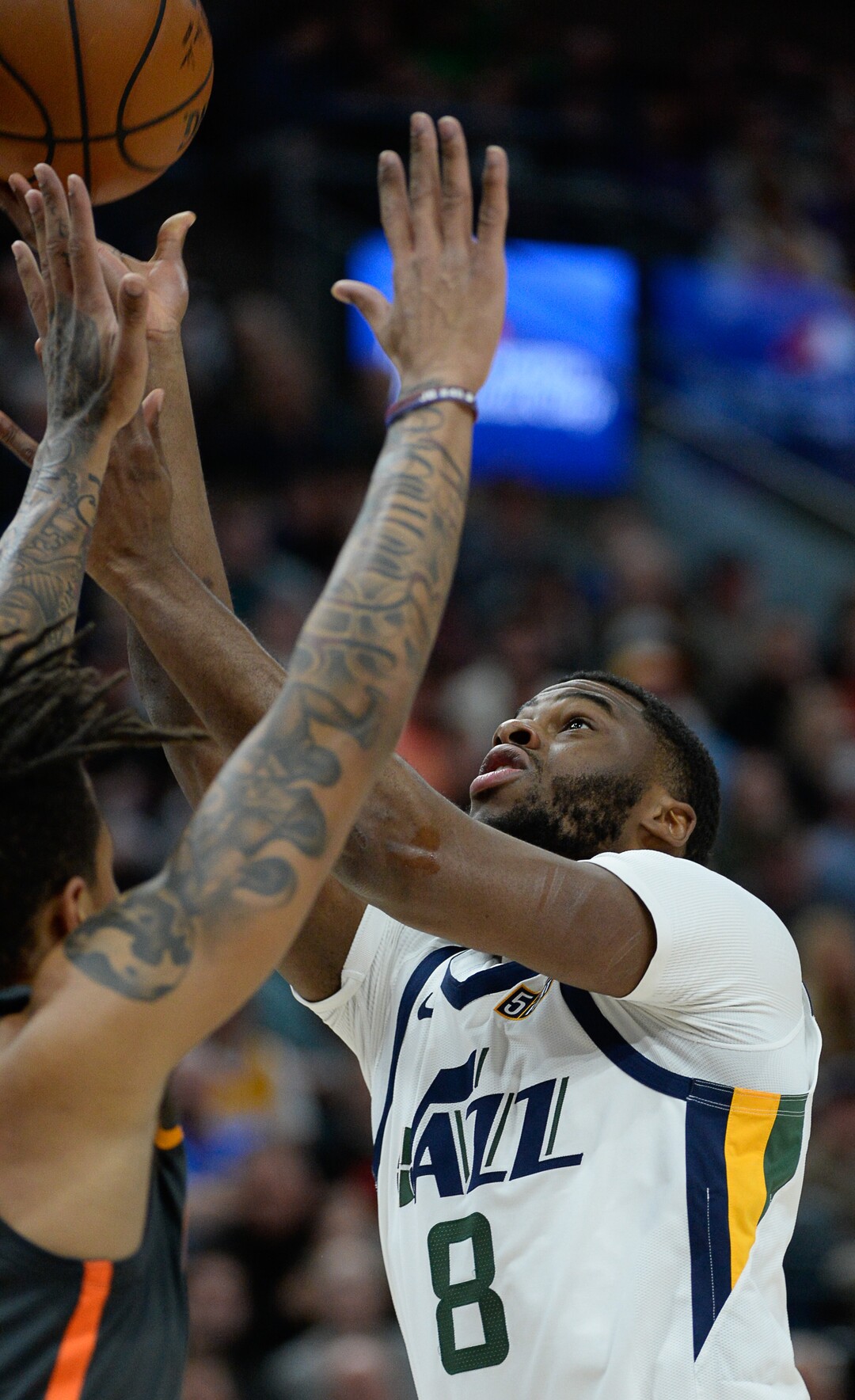 (Francisco Kjolseth  |  The Salt Lake Tribune) Utah Jazz guard Emmanuel Mudiay (8) pushes past the defense as the Utah Jazz host the Orlando Magic in their NBA basketball game at Vivint Smart Home Arena in Salt Lake City on Tuesday. Dec. 17, 2019.