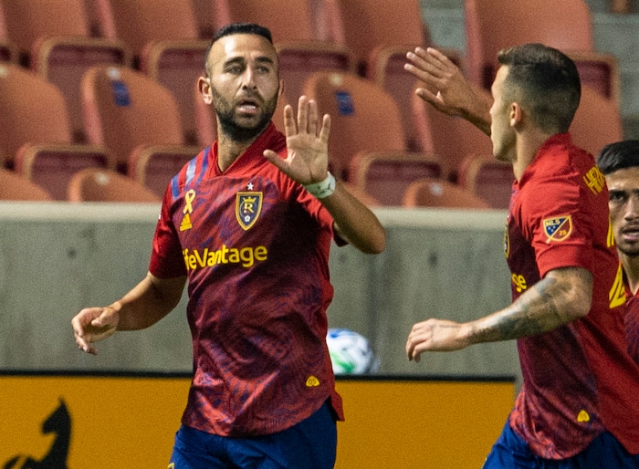 (Rick Egan  |  The Salt Lake Tribune)   Real Salt Lake forward Justin Meram (9) is celebrates his goal with Real Salt Lake defender Aaron Herrera (22), in MLS soccer action between Real Salt Lake and the Vancouver Whitecaps at Rio Tinto Stadium on Saturday, Sept. 19, 2020.

 